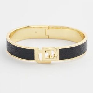 CHICO’S NWT S/M Click Black Leather CC Bangle Bracelet • Two Tone Mixed Media